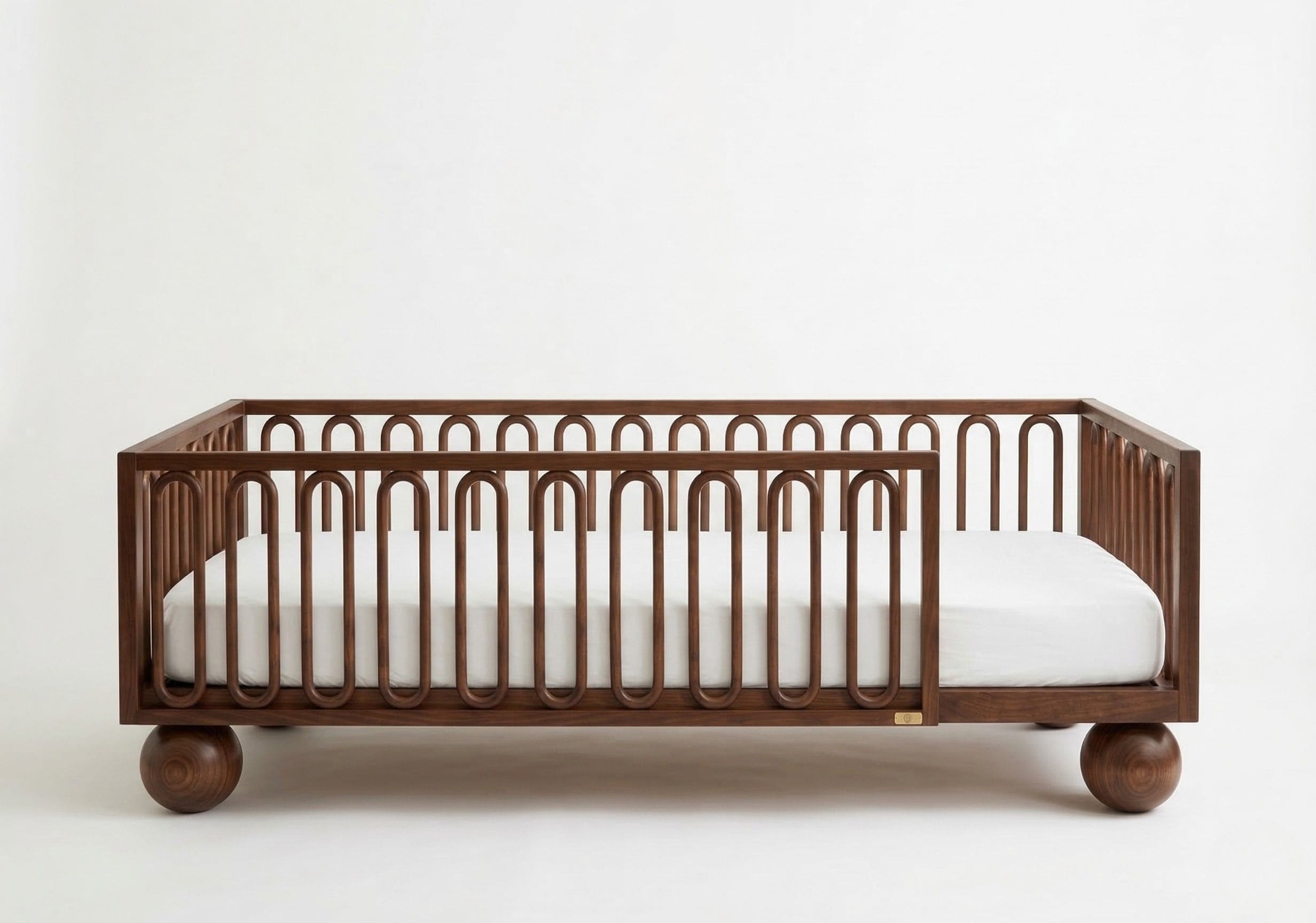 Petite Rêves Lune Floor Bed in Walnut finish in styled bedroom