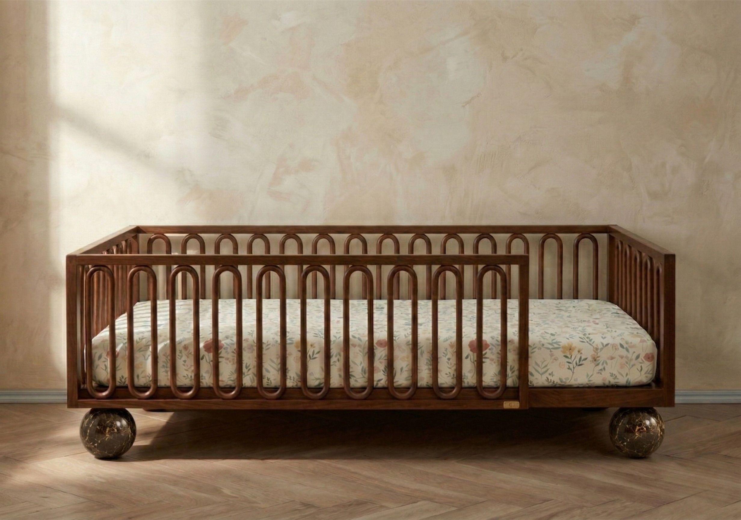 The Lune Bed in a nursery with pastoral mural